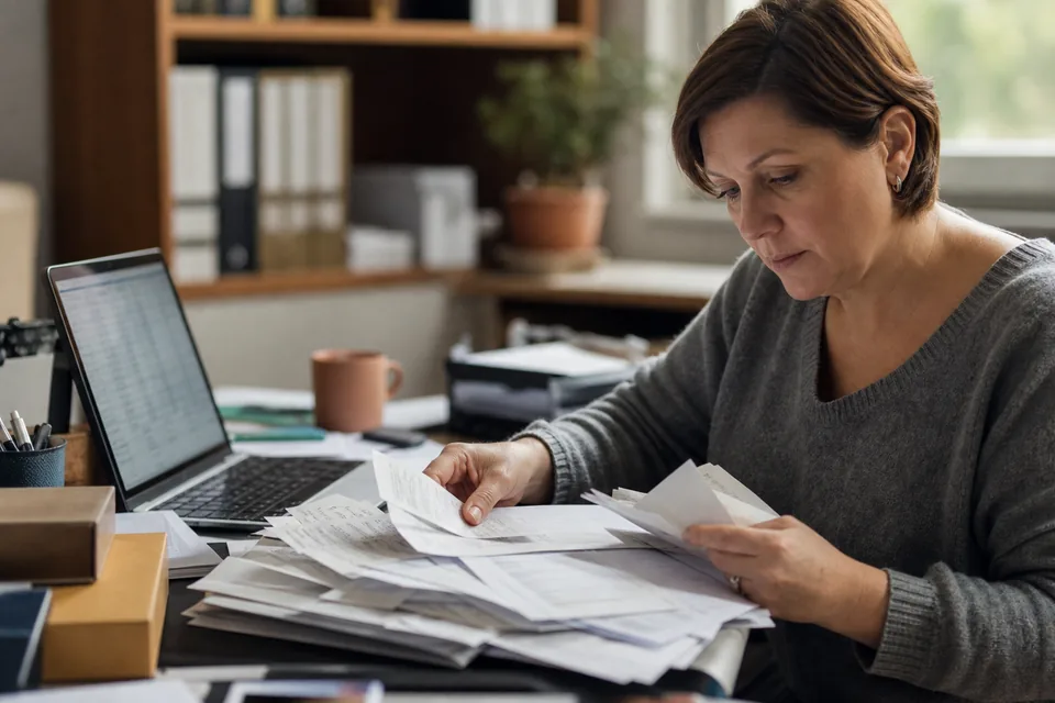 Księgowa w biurze rachunkowym sortuje paragony i faktury zagraniczne obok laptopa